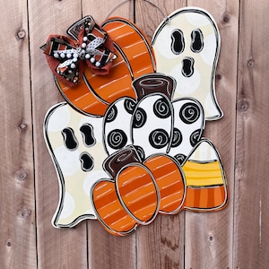 Ghost door hanger, Fall door hanger, Halloween door hanger, whimsical door hanger, autumn door hanger, wood door hanger, boo door hanger
