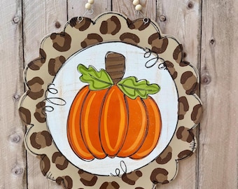 Fall door hanger, pumpkin door hanger, rustic fall decor, leopard print fall decor, whimsical fall decor, rustic fall door hanger