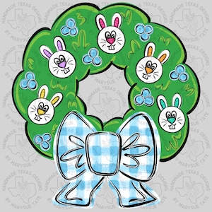 May include: A whimsical Easter wreath design featuring a green wreath adorned with cartoon bunny faces in various colours. A blue and white gingham bow is at the bottom. The text "HANDMADE TEXAS DESIGNS BY MARYSUE TATE" is around the border.