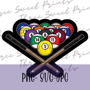 May include: A black and white illustration of a pool table with two crossed cues and a rack of billiard balls. The balls are numbered 1 through 15 and are arranged in a triangle shape. The balls are red, yellow, blue, green, and purple.