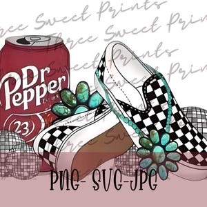 May include: Checkered slip-on shoes with a turquoise flower charm, a can of Dr Pepper, and disco balls.