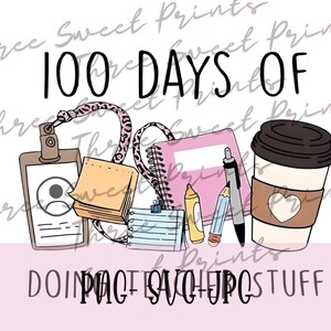 May include: A digital illustration of a 100 days of doing stuff checklist. The illustration includes a coffee cup, a notebook, a notepad, a pencil, a pen, a lanyard, and a name tag. The text "100 Days of Doing Stuff" is written in black at the top of the image.