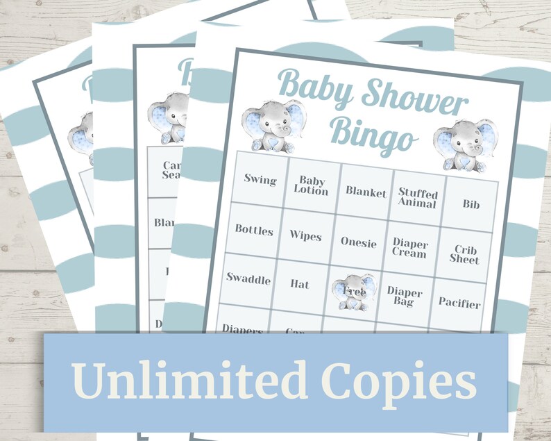 Baby Elephant Baby Shower Bingo, Baby Shower Bingo, Printable Bingo ...