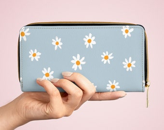 Pastel Blue Cute Daisy Wallet, Forest Nature Sunflower Zipper Wallet, Mushroom Accessory Bag, Cottagecore Wallet Purse