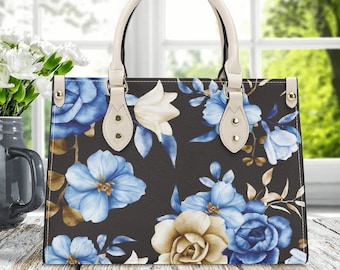 Blue Vintage Floral Cottagecore PU Leather Handbag, Minimal PU Leather Purse, Vegan Leather Luxury Boho Bag, Cute Flowers Purse