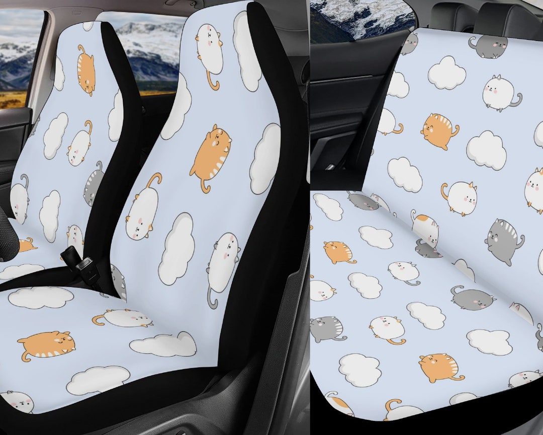 Blue Kawaii Cat Pattern Car Seat Covers, Cute Seat Cover for Vehicle
