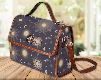 Sun and Moon Celestial Stars Canvas Satchel Bag, Vegan Leather Strap Hand Bag Boho Bag, Cute Women Purse, Hippies Boho Gift
