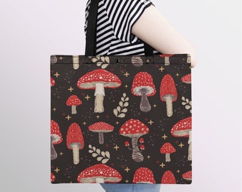 Mushrooms Pattern Tote Bag, Cottagecore Plant Tote Bag, Vintage Women Shoulder Bag, Aesthetic Cute Eco Friendly Grocery Shopping Bag