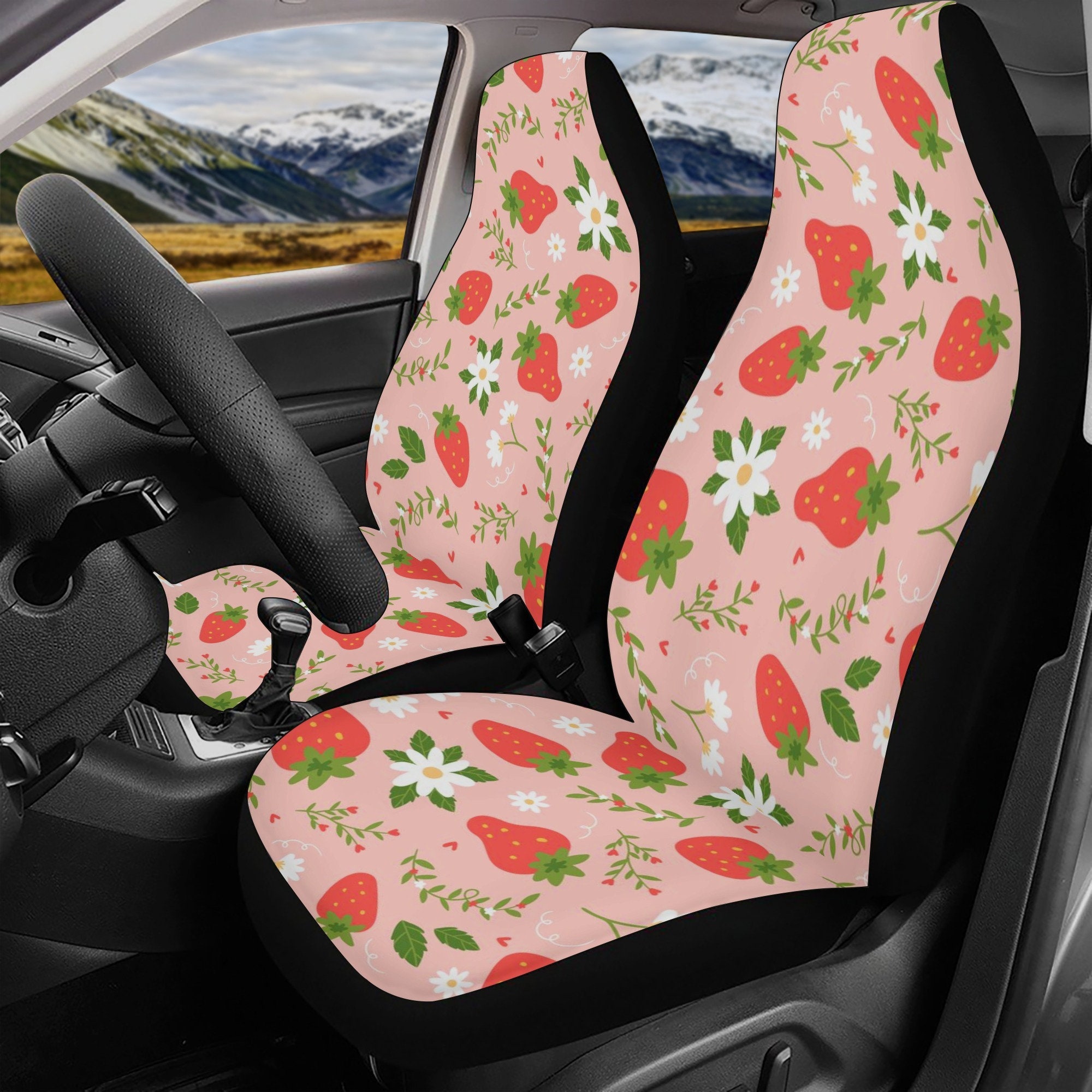 Discover Kawaii Strawberry and Daisy Seat Car Seat Covers, Cute Seat Cover for Car Full Set, Front Back Car Interior Decor, Seat Cover for Vehicle