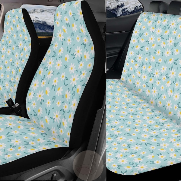 Kawaii Daisy Pastel Blue Car Seat Covers, Cute Seat Cover for Car Full Set for Women, Front Back Car Interior Decor, Seat Cover for Vehicle