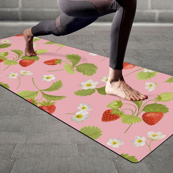 Cute Pastel Pink Strawberry Yoga Mat, Yoga Accessories, Custom