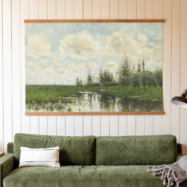 Large Vintage Lake Study Wall Art | Coastland Scene |  Water Study Vintage Art Tapestry | Framed Canvas Hanging | 200