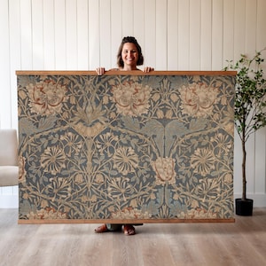 Botanical Textile Tapestry Art | Large Blue Textile Print Tapestry | Vintage Textile Art | Textile Wall Art | 173