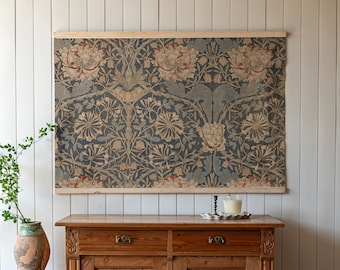 Botanical Textile Tapestry Art | Large Blue Textile Print Tapestry | Vintage Textile Art | Textile Wall Art | 173