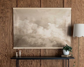May include: A black metal console table with a woven shelf and two small vases on the top shelf. A large, brown ceramic vase sits on the lower shelf. A framed print of a watercolor landscape hangs on the wall behind the table. A gold floor lamp with a linen shade stands to the right of the table.