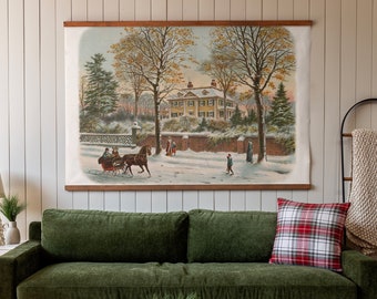 Vintage Christmas Wall Art Painting | Vintage Art Christmas Tapestry | Traditional Holiday Art On Canvas Hanging | 527