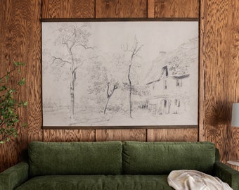 Extra Large Vintage Line Art | Large Living Room Tapestry | Large Vintage Wall Decor | Vintage Cabin Art | Cabin In The Woods | 215