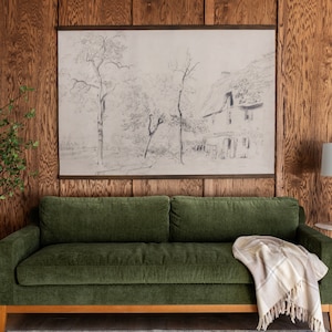 Extra Large Vintage Line Art | Large Living Room Tapestry | Large Vintage Wall Decor | Vintage Cabin Art | Cabin In The Woods | 215