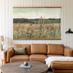 Vintage Tapestry Art Wall Decor | Field Of Flowers Art Canvas | Wall Hanging Canvas | Large Wall Decor | Wildflower Field Tapestry | 167