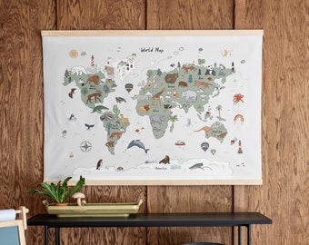 Kids Animal Themed Map Canvas Hanging | Kids Room Map | Classroom Wall Decor | World Map With Animals | Home School Wall Art | 411