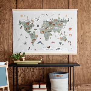 Kids Animal Themed Map Canvas Hanging | Kids Room Map | Classroom Wall Decor | World Map With Animals | Home School Wall Art | 411