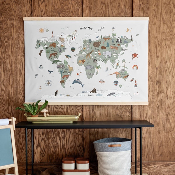 Classroom Wall Art Tapestry | Kids Animal Themed Canvas Map | Kids Map | Classroom Wall Decor | World Animal Map | Homeschool Art | 411