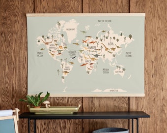 Dinosaur Themed Map | Kids World Map Wall Hanging | Homeschool Decor | Kids Room Wall Art | Dinosaur Theme | Kids Room Map Sign | 141