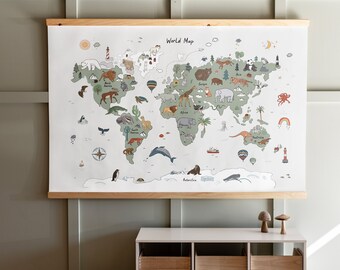 Kids Animal Themed Map Canvas Hanging | Kids Room Map | World Map Tapestry | World Map With Animals | Home School Wall Art | 411