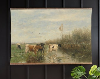 Cow Art Canvas Tapestry: Vintage Landscape Wall Hanging | 180