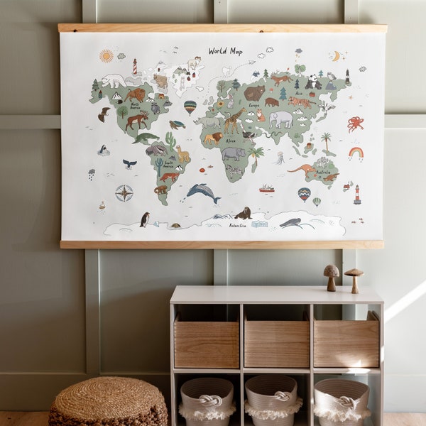 Kids Animal Themed Map Canvas Hanging | Kids Room Map | Classroom Wall Decor | World Map With Animals | Home School Wall Art | 411