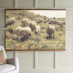 Psalm 23 Sheep Art Tapestry: Vintage Christian Canvas | 490