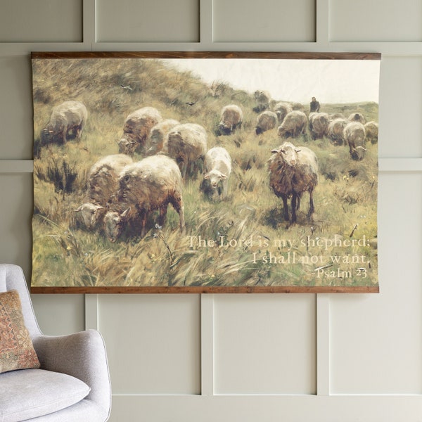 Psalm 23 Vintage Sheep Art | Christian Wall Tapestry | The Lord Is My Shepherd Sign | Psalm 23 Tapestry | Christian Canvas Hanging | 205