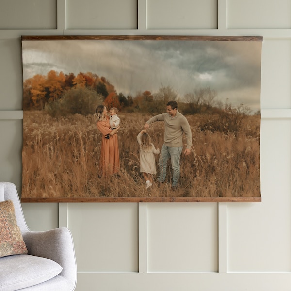 Custom Family Photo Canvas Hanging: Cotton Tapestry, Pine Frame
