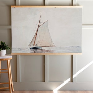 May include: A watercolor painting of a sailboat with white sails on a light blue background. The sailboat is sailing on a calm body of water with a small island in the distance.