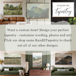 May include: A collage of images showing different tapestry designs with a text overlay that says "Customize this tapestry". The text below the images says "Want a custom item? Design your perfect tapestry - customize wording, photos and art! Click our shop name RandGTapestry to check out all of our other designs."