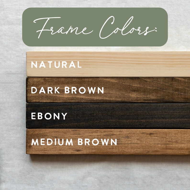 K&ouml;nnte beinhalten: Vier Holzrahmenmuster in verschiedenen Farben: Natur, Dunkelbraun, Ebenholz und Mittelbraun. Der Text "Frame Colors" ist in Wei&szlig; auf gr&uuml;nem Hintergrund &uuml;ber den Mustern geschrieben.