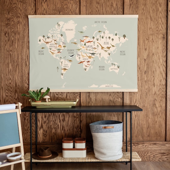 Dinosaur World Map Tapestry: Kids Homeschool Decor | 141
