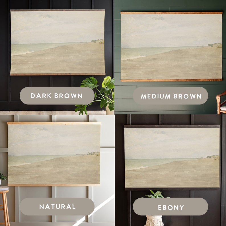 May include: Four framed prints of a seascape painting with a beach and ocean. The frames are shown in four different colours: dark brown, medium brown, natural, and ebony.