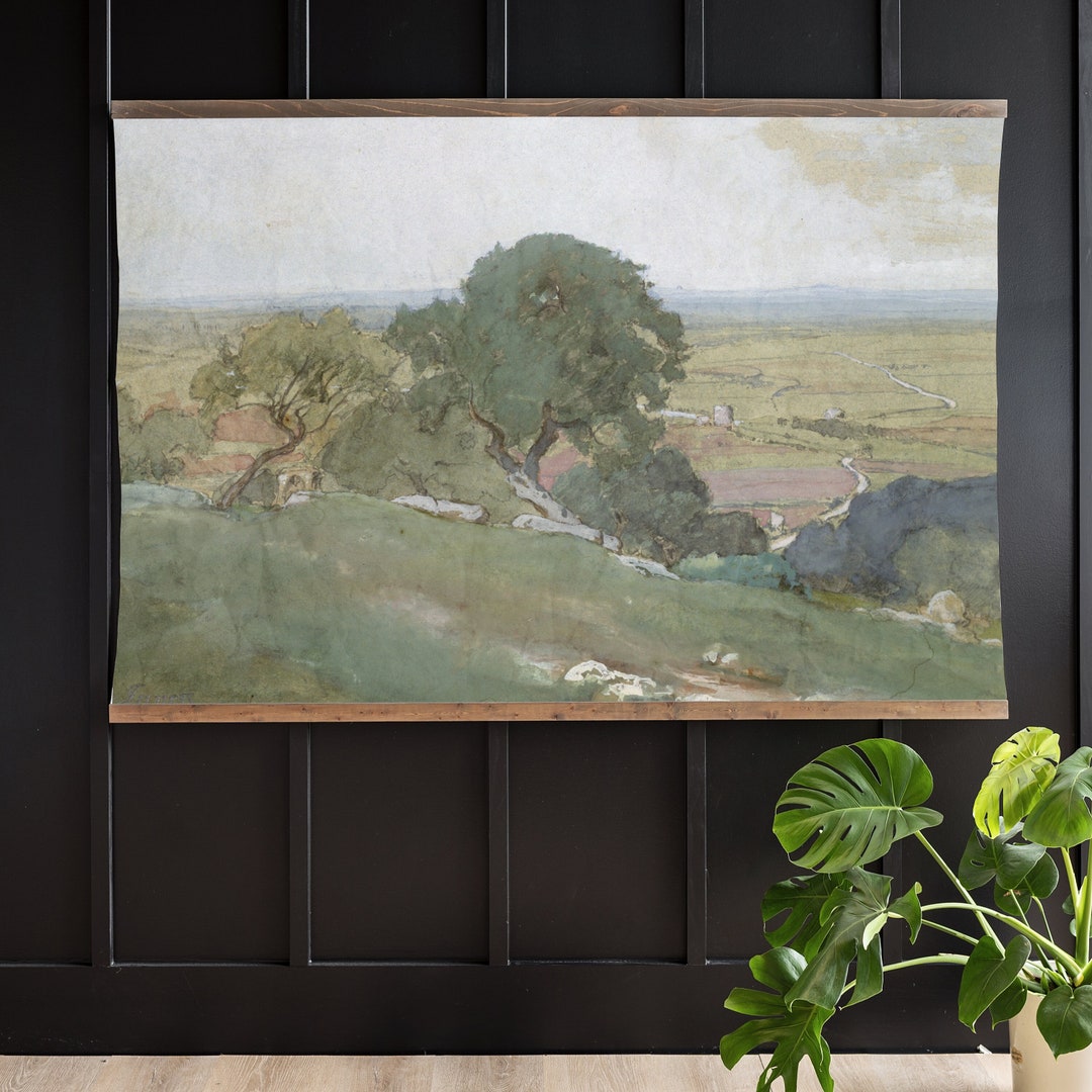 Extra Large Vintage Wall Art Green Hillside Vintage Art Oil Painting