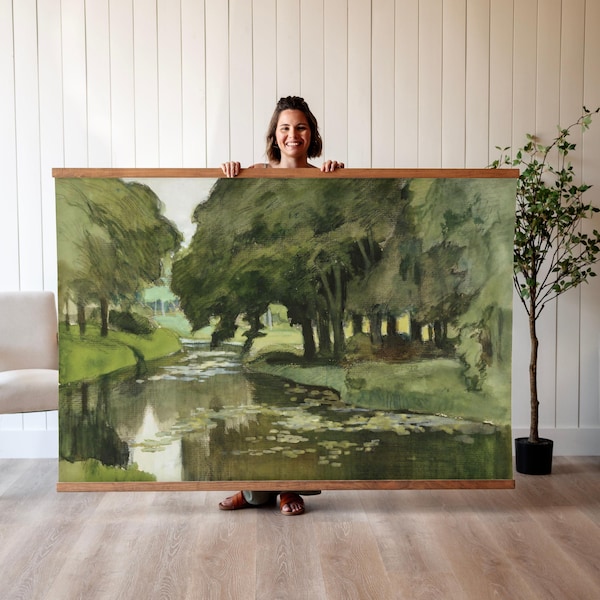 Tapiz de árboles y río: Arte de acuarela para colgar en la pared / 658