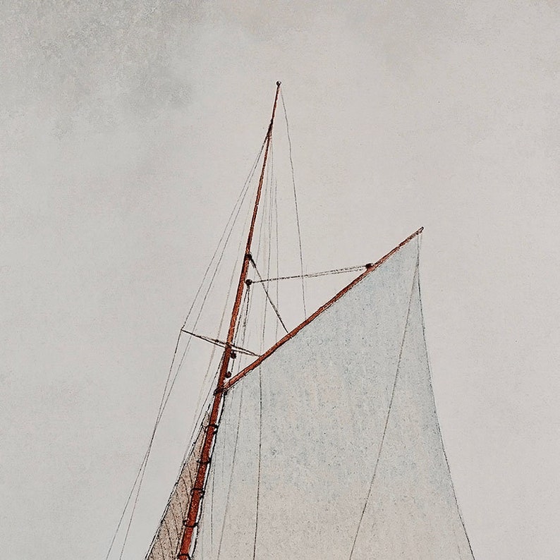 May include: A close-up of a sailboat's mast and sail. The sail is white and the mast is brown. The sky is a light gray.