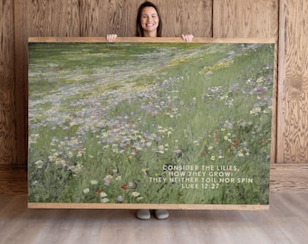 Consider Lilies Canvas Print | Botanical Scripture Art Tapestry | Vintage Christian Wall Decor | 820