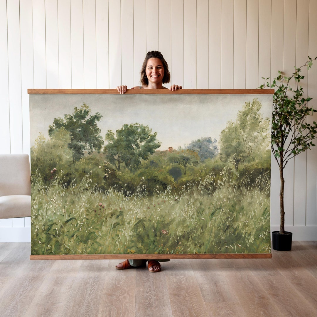 Vintage Green Field Landscape Tapestry: Oversized Wall Decor