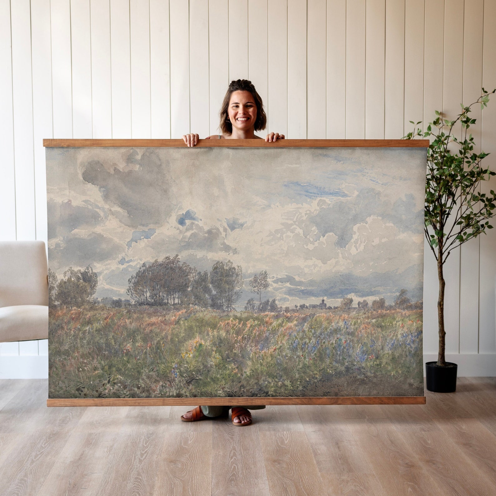 Oversized Vintage Watercolor Flower Field Tapestry Wall Hanging | 401 - 30x20, Natural