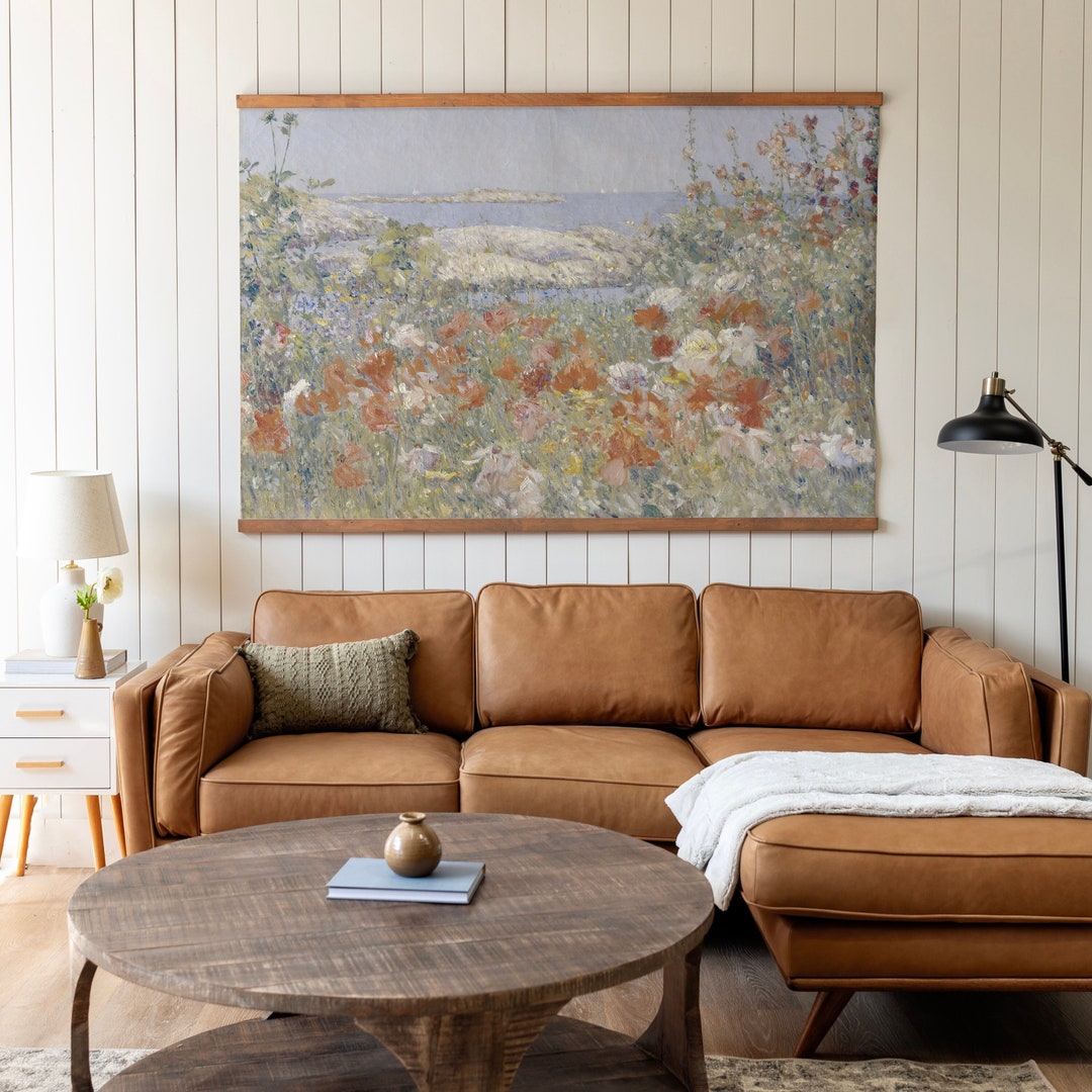 Living Room Wall Art Tapestry Vintage Flowers by the Sea Art Print Vintage Oil Painting Print ...