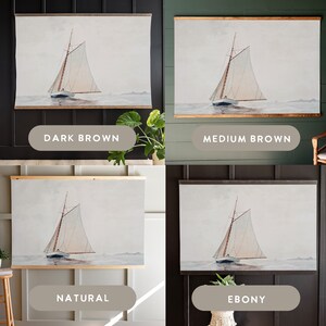 May include: Four framed prints of a watercolor painting of a sailboat on the water. The frames are in four different colors: dark brown, medium brown, natural, and ebony.