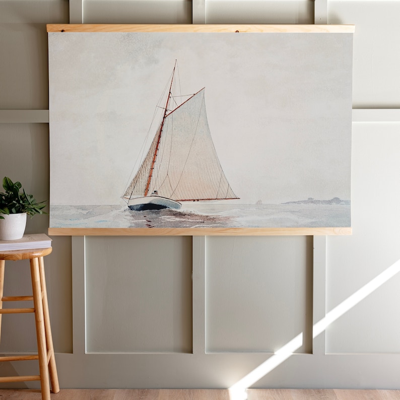 May include: A watercolor painting of a sailboat with white sails on a light blue background. The sailboat is sailing on a calm body of water with a small island in the distance.