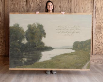 Trees By The Water | Oversized Landscape Oil Painting Print: Vintage Nature Tapestry Wall Hanging | 790
