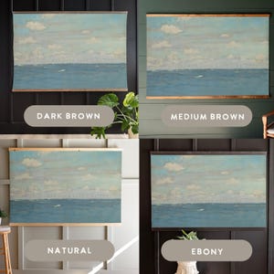 Pu&ograve; includere: Stampa su tela incorniciata raffigurante un paesaggio marino con un oceano blu, nuvole bianche e un cielo azzurro. L'opera d'arte &egrave; disponibile in quattro colori di cornice: marrone scuro, marrone medio, naturale ed ebano. La stampa &egrave; rettangolare.