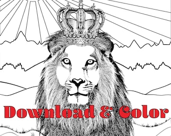 Animal Empire Savanna King Lion Africa Leo King of the Jungle Grayscale Line Drawing Illustration Coloring Page Watercolor Colored Pencil